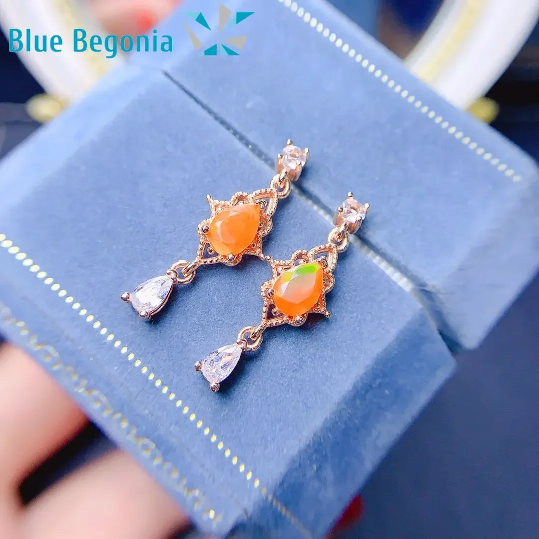 Pendientes de ópalo de fuego naranja Natural para mujer, regalo de aniversario, joyería fina, Plata de Ley 925, piedras preciosas de 5x7MM para novia