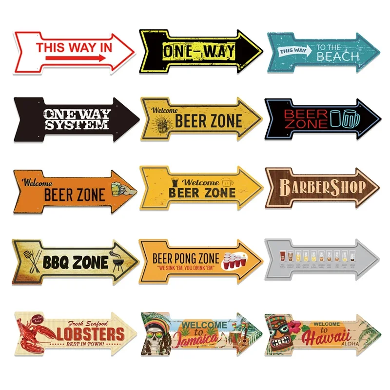 Custom Metal Wall Decor Arrow Plate Direction Plaques Metal Tin Sign Beer Zone Barbershop Wall Signs Retro Irregular Board Decor