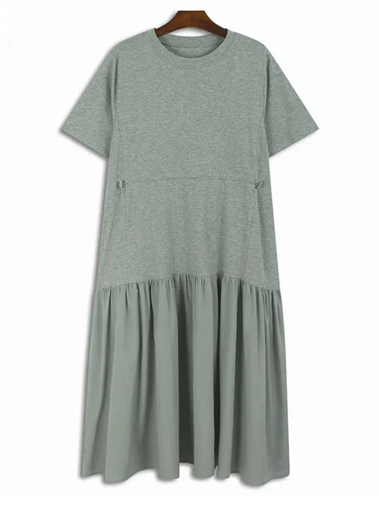 

Women Gray Hem Pleated Waist Drawstring Midi Dress New Round Neck Short Sleeve Fashion Tide Spring Summer X795