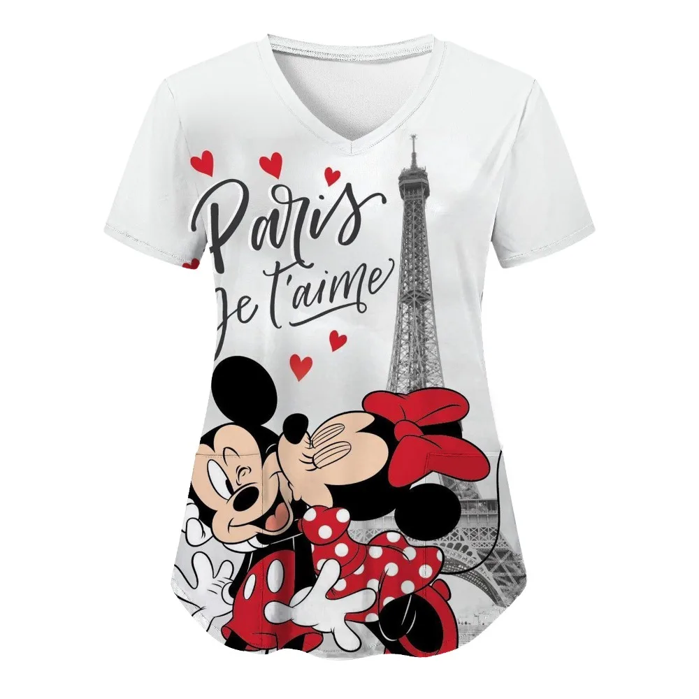 Woman Clothes Nurse Uniform T Shirt Hospital Tops Disney T-shirts Minnie Mouse T-shirt V Neck Top Women 2025 Mickey Pocket Tees