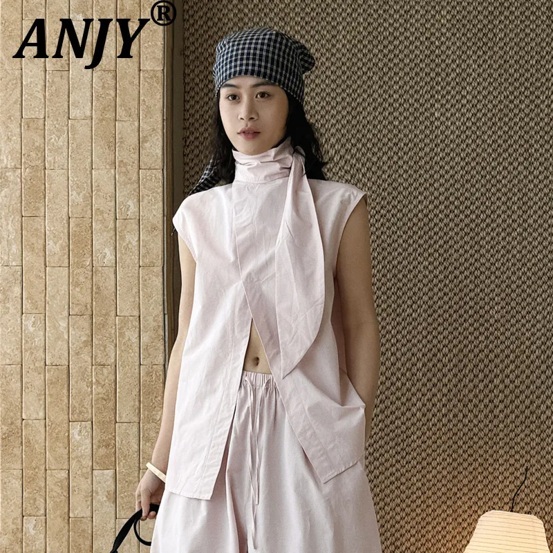 ANJY Summer New Women Fashionable Scarf Collar Asymmetrical Placket Trendy Sleeveless Vest Elegant Spliced Chic Sexy Tops A22038