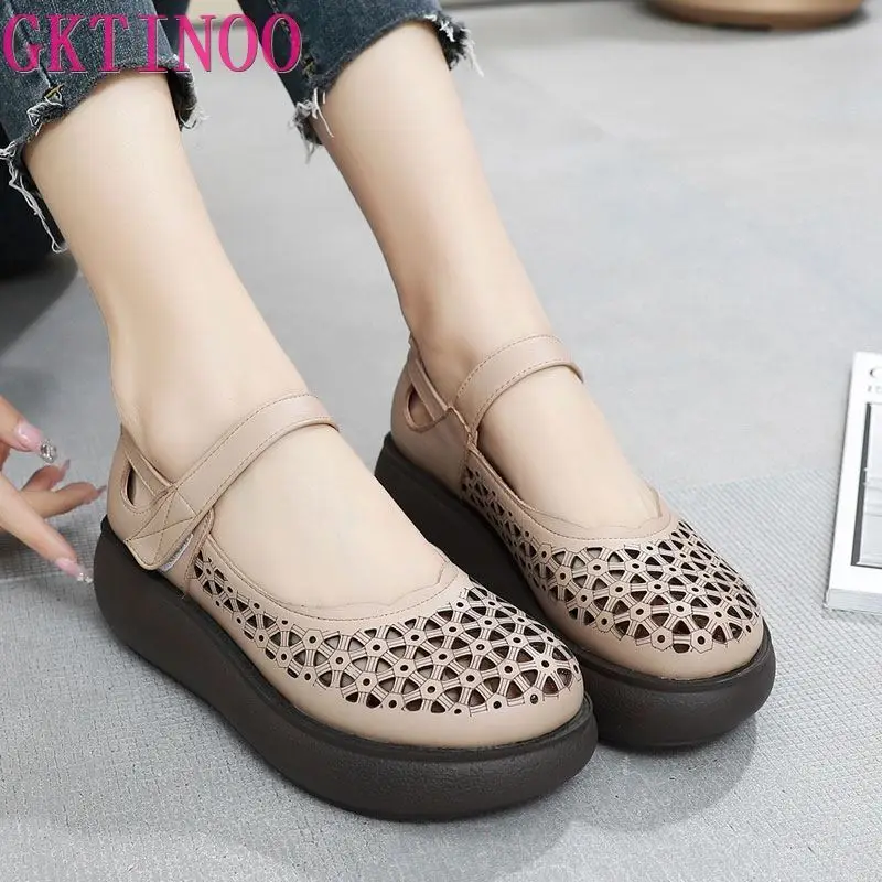 

GKTINOO Genuine Leather Shoes Wedges Women Sandals 2025 New Spring Summer Hook & Loop Hollow Platform Sandals Large Size