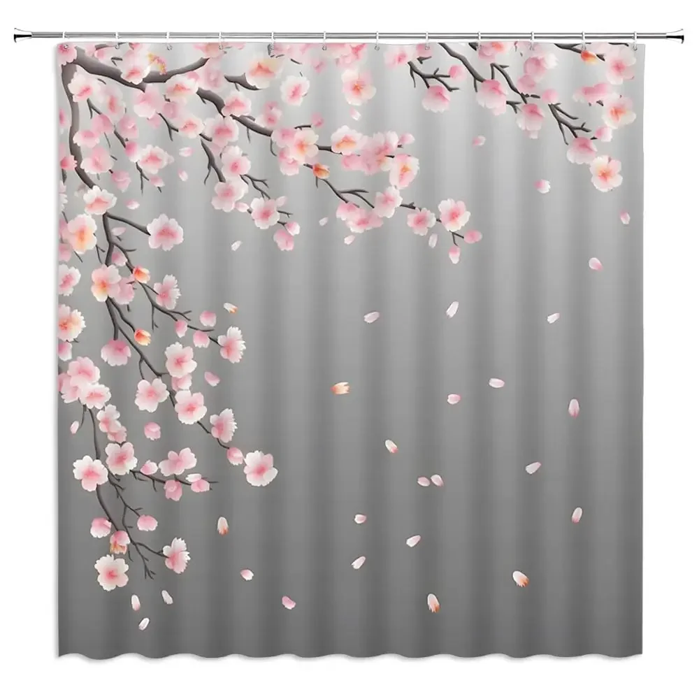 Cherry Blossom Vintage Shower Curtain, Watercolor Blossom Blooming Japanese Cherry Tree Pink Flower Waterproof Bathroom Curtains