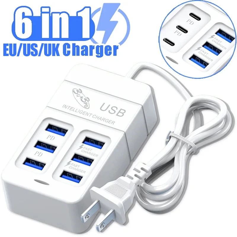 Multiports USB Type C Desktop Wall Charger Adapter PD Quick Charging 6 Ports USB TypeC Hub AC Power Adaptor Extend Socket Outlet