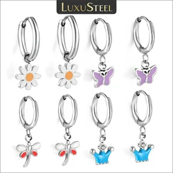 LUXUSTEEL Daisy Flower Dragonfly Butterfly Crown Pendant Hoop Earrings For Women Korean Oil Drip Colorful Cute Hanging Earring