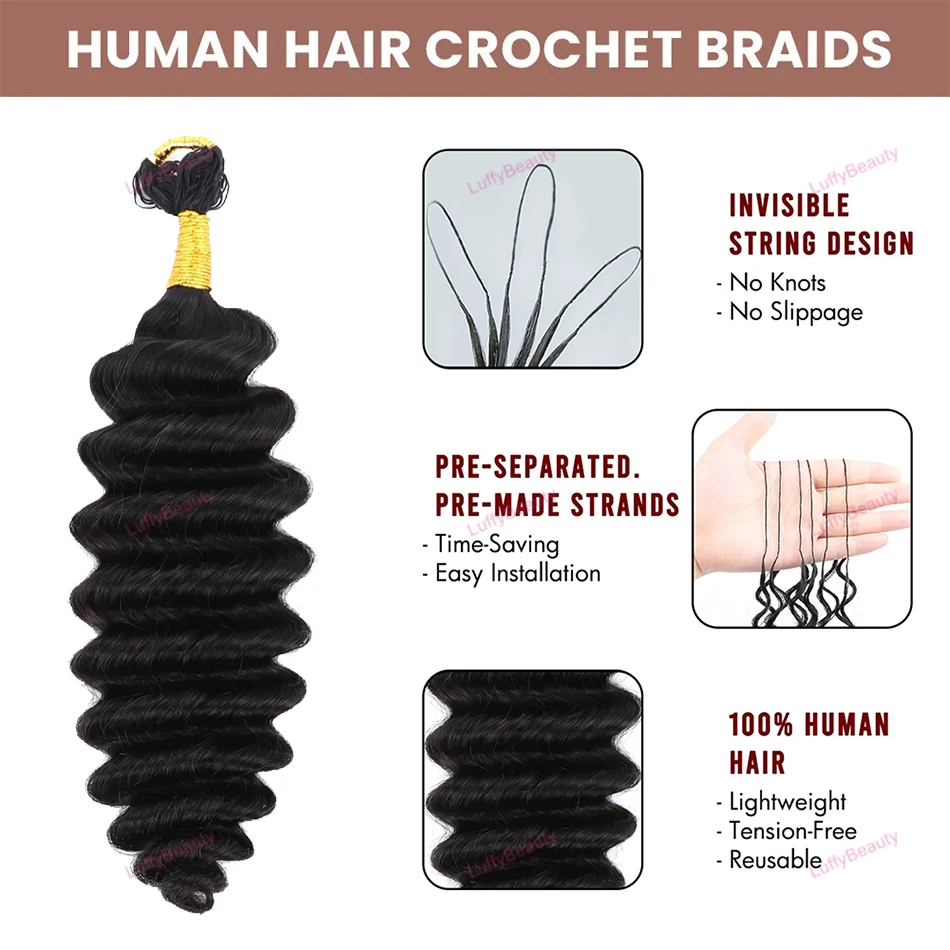 موجة عميقة تجديل ريشة الكروشيه الشعر البشري لضفائر بوهو قبل فصل ترقية الشعر السائبة قابلة لإعادة الاستخدام وصلات شعر ريشة