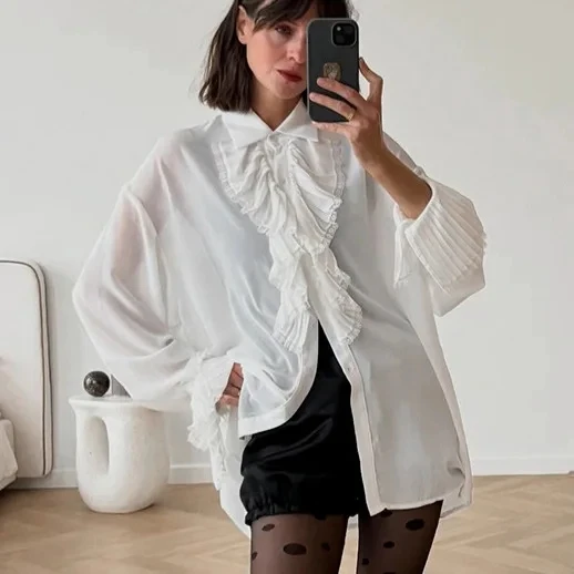 

2026 New Spring Summer White Chiffon Long Sleeve Shirt Fashion Elegant Women Midi Sexy Sheer Versatile Top