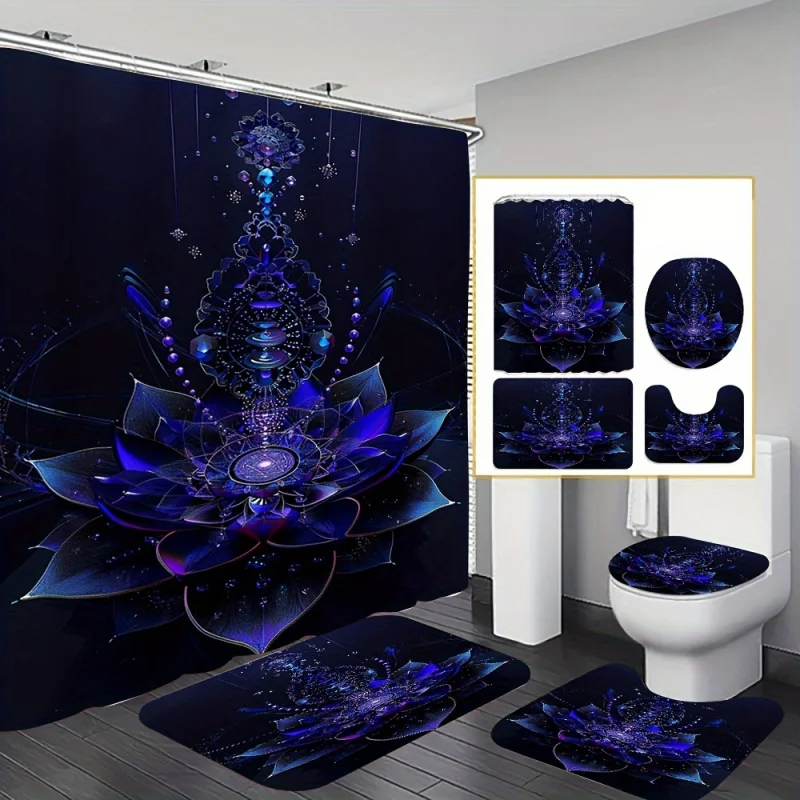Sacred Geometric Lotus Print Bathroom Set: Includes 12 Free Hooks, Waterproof Shower Curtain, Non-Slip Bath Mat, Toilet Seat Cov