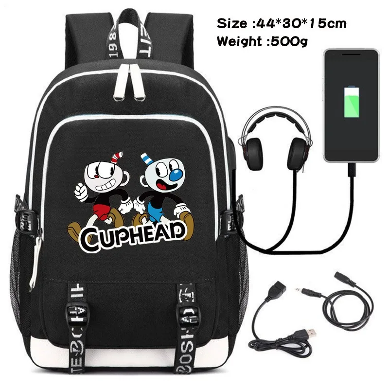 

Anime Cuphead Game Mugman Backpack Men Women USB Charging Laptop Travel Bags Student Backpack Casual Mochila
