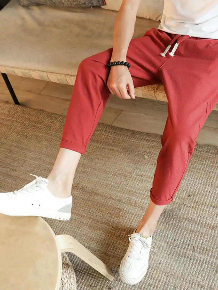 

Мужские летние повседневные свободные брюки из хлопка и льна с высокой талией, укороченные, зауженные к низу, в стиле Harlan, удобные, дышащие, модные