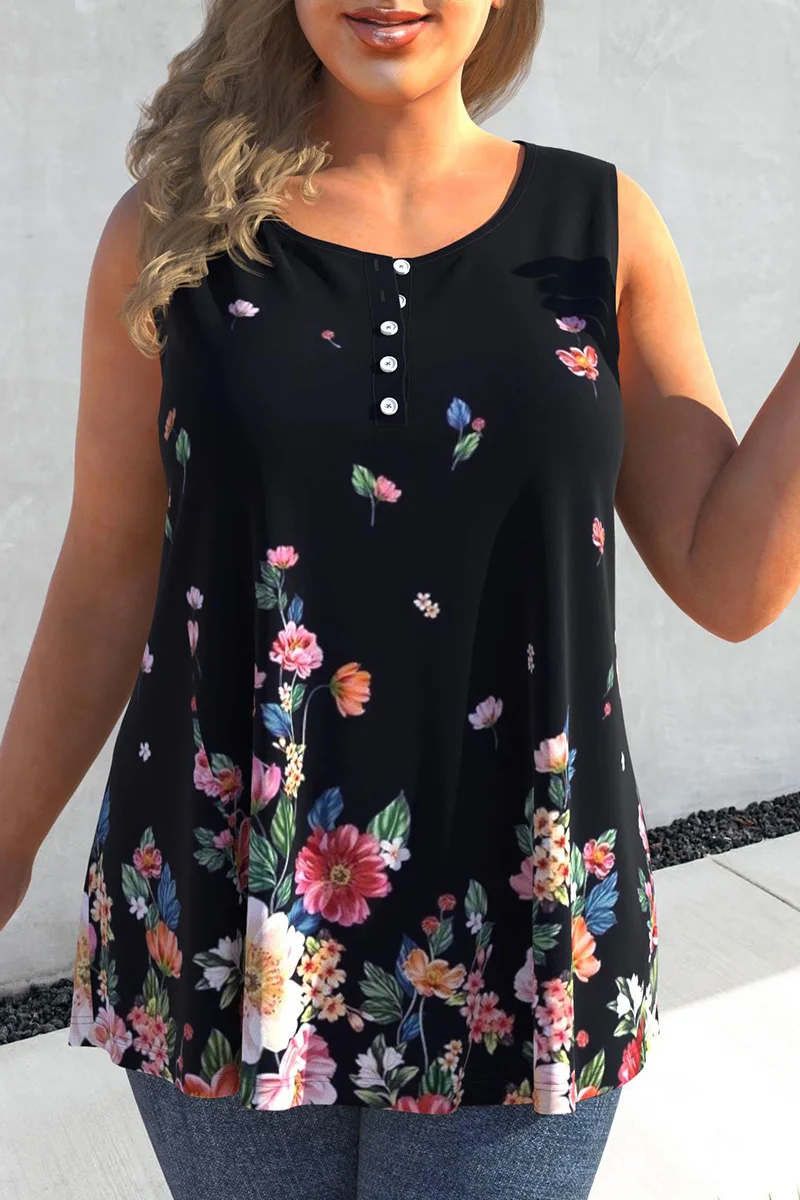 

Plus Size Floral Print Button Up Loose Casual Tank Top
