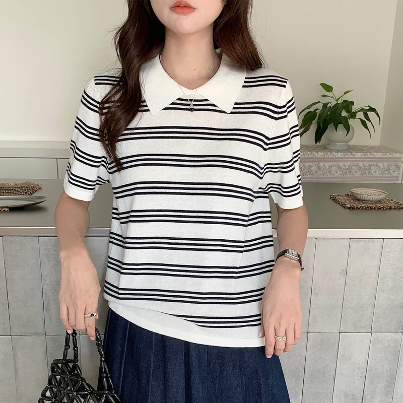 

Summer women's100% cotton casual striped knitted T-shirt short sleeved loose POLO collar pullover Korean version fashionable top