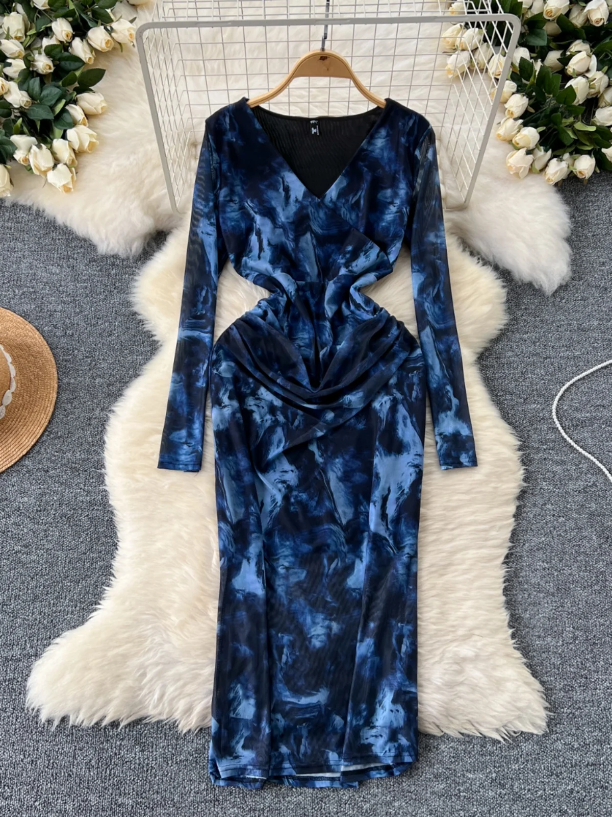 Ele Long Sve Women's Dr High Waist A-Line Skirt Bodycon Netting Print Wrap around Design Commute Sle Korean Faion