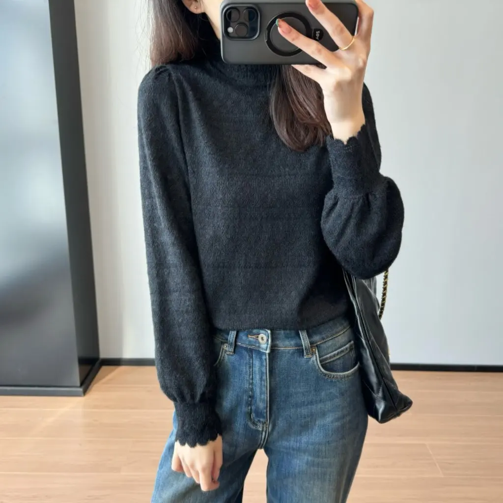 

Элегантная французская кружевная базовая рубашка с высоким воротником, универсальный топ, красивая точечная осенне-зимняя новая женская модная маленькая рубашка