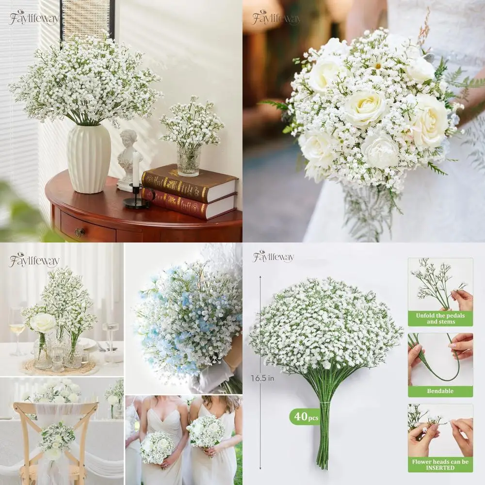 

Искусственные цветы Babys Breath - 40 шт. настоящие белые букеты из гипсофилы для цветочных украшений, свадьбы, дома, вечеринки и Ga