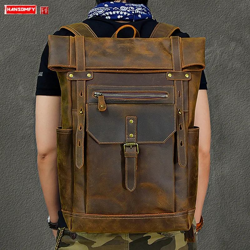 

New Genuine Leather Men's Backpack 15-17 Inch Laptop Bag Men Large Capacity Travel Backpacks Schoolbags Retro Male Shoulder Bags