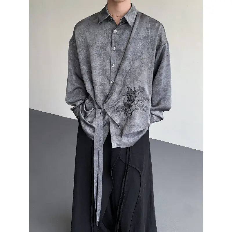 

Spring New Chinese Sle Patchwork Embroidery irt Men's Vintage Loose Crane adient Mood Belted National Sle Long Sve