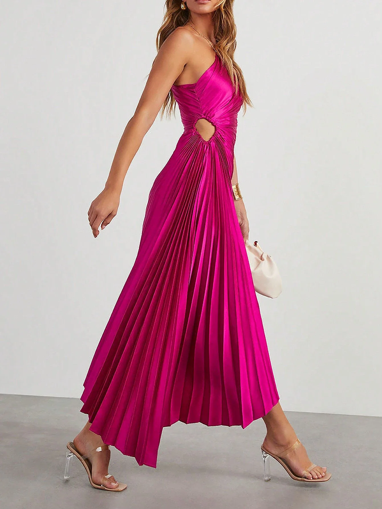 Asymmetrical Neck Pleated Satin Cocktail Dress Elegant Prom Semi Formal Wedding Guest Dress