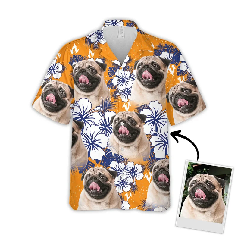 Custom Picture Hawaiian Shirts Funny DIY Dog Cat Face 3D Printed Button Shirts Spring Summer Short Sleeves Lapel Shirts