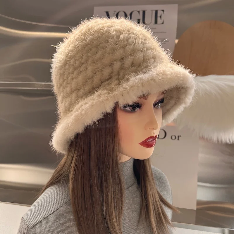 Women Hat 100% Real Mink Fur Hats Women Knitted Beanie Russian Girls Cap With Soft Knitting Thick Female Cap Elastic Bucket Hats