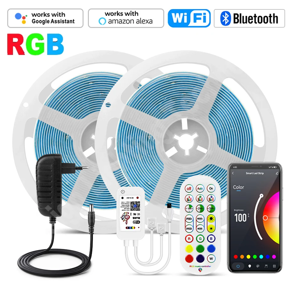 RGB DC24V Super Bright COB LED Light Strip 840 LEDs/m RGB Dimmable Flexible Adhesive Tape Smart WiFi /Bluetooth/ Remote Control