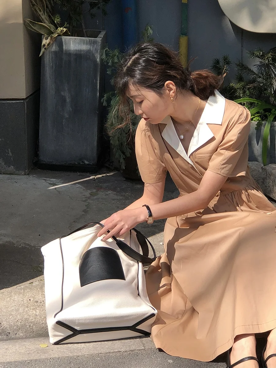 

Summer New Design Casual High Waist ort Sve Midi Dr Color Blo Collar irt Dr A-Line Skirt Cotton Blend Fabric