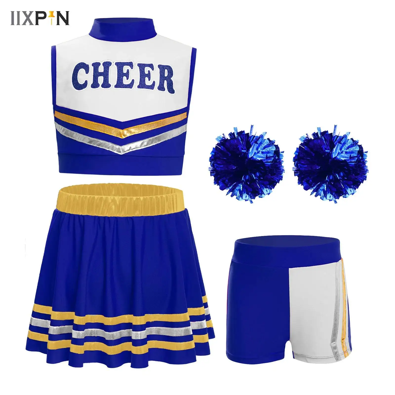 

Kids Girls Cheerleading Outfit Sleeveless Letters Printed Color Block Keyhole Back Crop Top+Striped Skirt+Shorts+Flower Balls