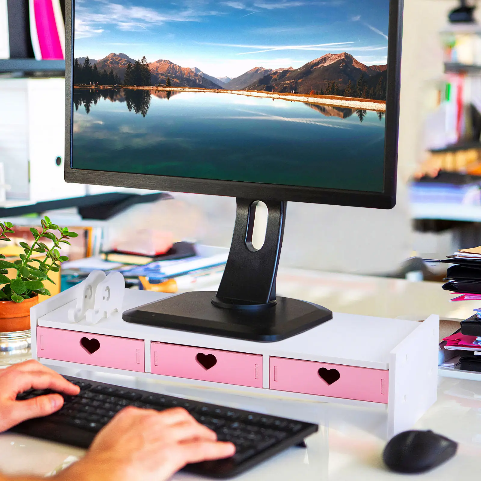 1Pcs Laptop and Monitor Riser Stand with Organizer Drawer Space Efficient Desktop Elevator Sturdy Construction Smooth Edges