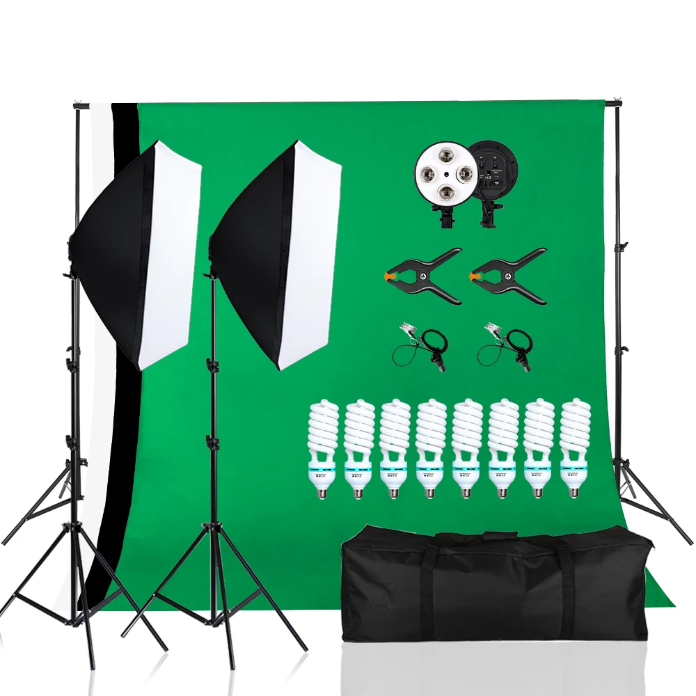 SH Photography Studio Kit 2x2M/ 2x3M/ 2.6X3M Background Stand With For Muslins Backdrop Cloth With Softboxes and Bulbs