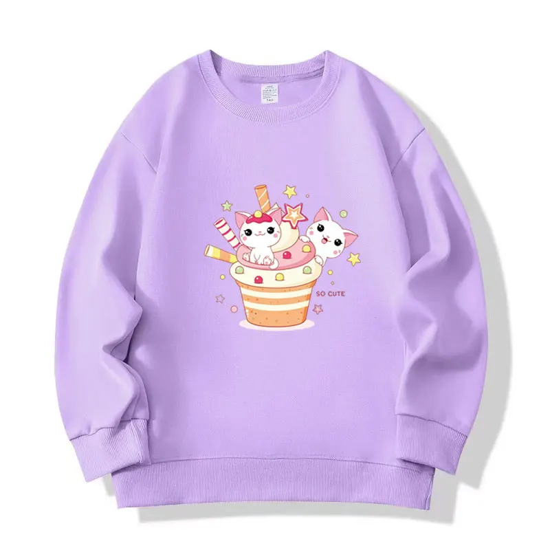 

2-12 Years Cotton Girls Sweatshirt Ice Cream Cat Cartoon Tops 2025 Autumn Casual Fashion Kids Sweatshirt Harajuku Print Winter