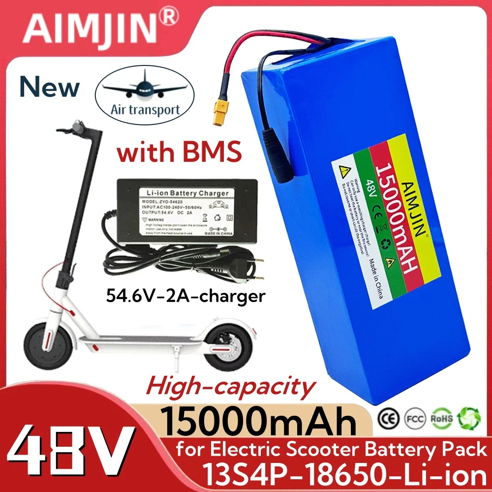 2025 13S4P 48V 15000mAh 18650 Lithium Battery Pack,for Electric Scooter Bicycle Li-ion Replacement Batteries with BMS