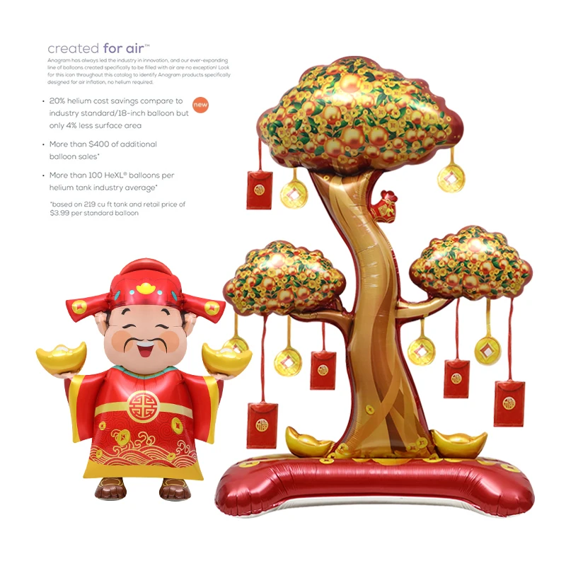 (1Pc) Chinese New Year Spring Festival New Year's Day Decoration Party Photo Props Toy Balloon 4D Stereo Standing Money Tree God of Wealth Cartoon Shape Aluminum Film Balloon