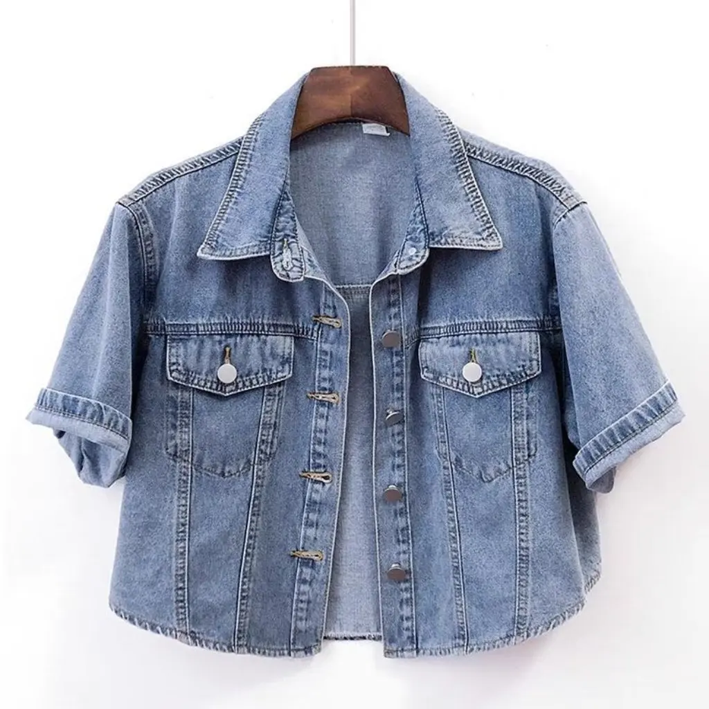 

Women's Thin Denim Coat Light Blue Casual Slimming Short Sleeve Jacket All-Match Spring Summer Fashion Shoulder Length