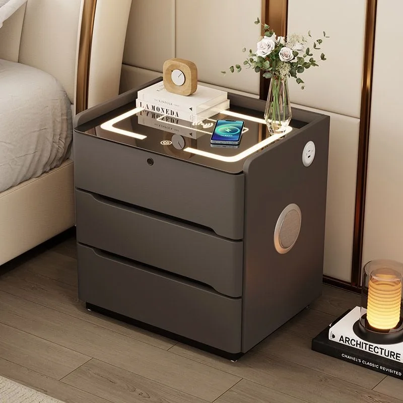 #Floating Bedside Table With Inductive Light Modern Lockable Smart Nightstand Simple Design Chargeable Three-drawer Bedside Tabl - view 4