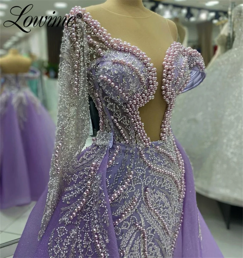 Purple Aso Ebi Beaded Mermaid Prom Dresses 2 In 1 Arabic Long Sleeves Evening Dress With Overskirt 2024 Woman Engagement Gowns