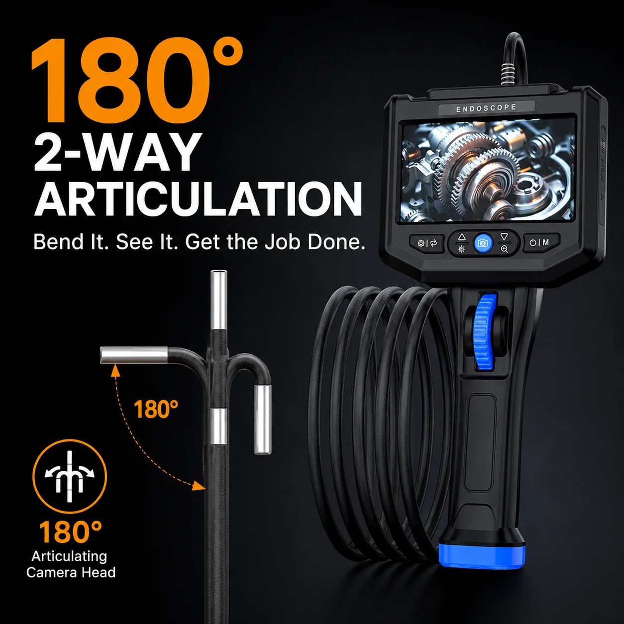 Industrial Endoscope 5’’ IPS Screen 6.0mm Articulating Borescope 180° Steering Inspection Camera Auto Shutdown