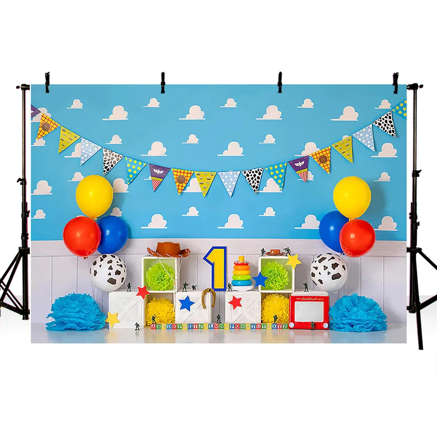 Mehofond Photography Background Cartoon Blue Sky White Cloud Toy Boy 1st Birthday Cake Smash Portrait Decor Backdrop Photo Studi