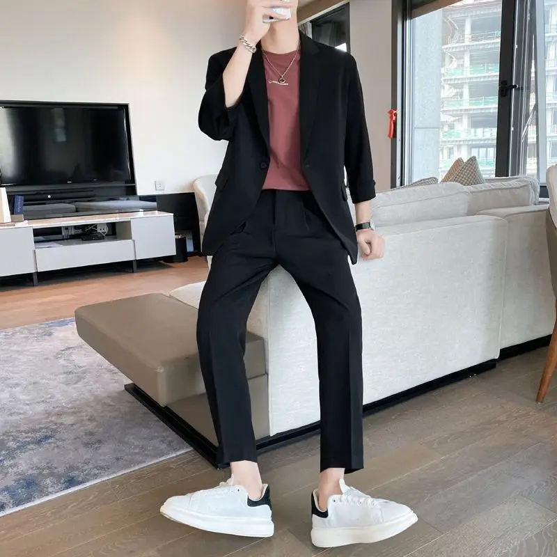 2-A4 Light and mature style thin casual three-quarter sleeve suit men's loose high-ese handsome small suit bombing street nine-