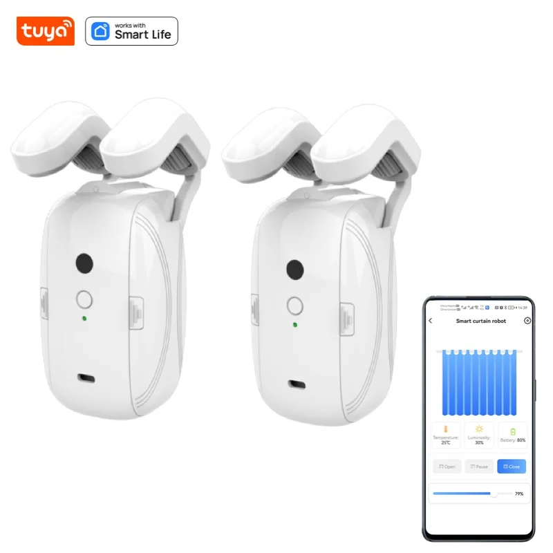 Tuya Smart Curtain Robot Roman Rod Track APP Short-range Control, hand-pull start, light/temperature sensitive closing