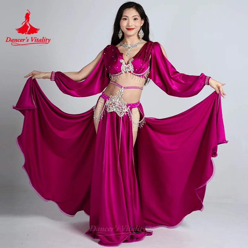 Belly Dancer เครื่องแต่งกายประสิทธิภาพอาวุโส AB หิน Bra + พู่ซาตินกระโปรงยาว 2pcs ผู้หญิง Oriental เต้นรําการแข่งขันเสื้อผ้า