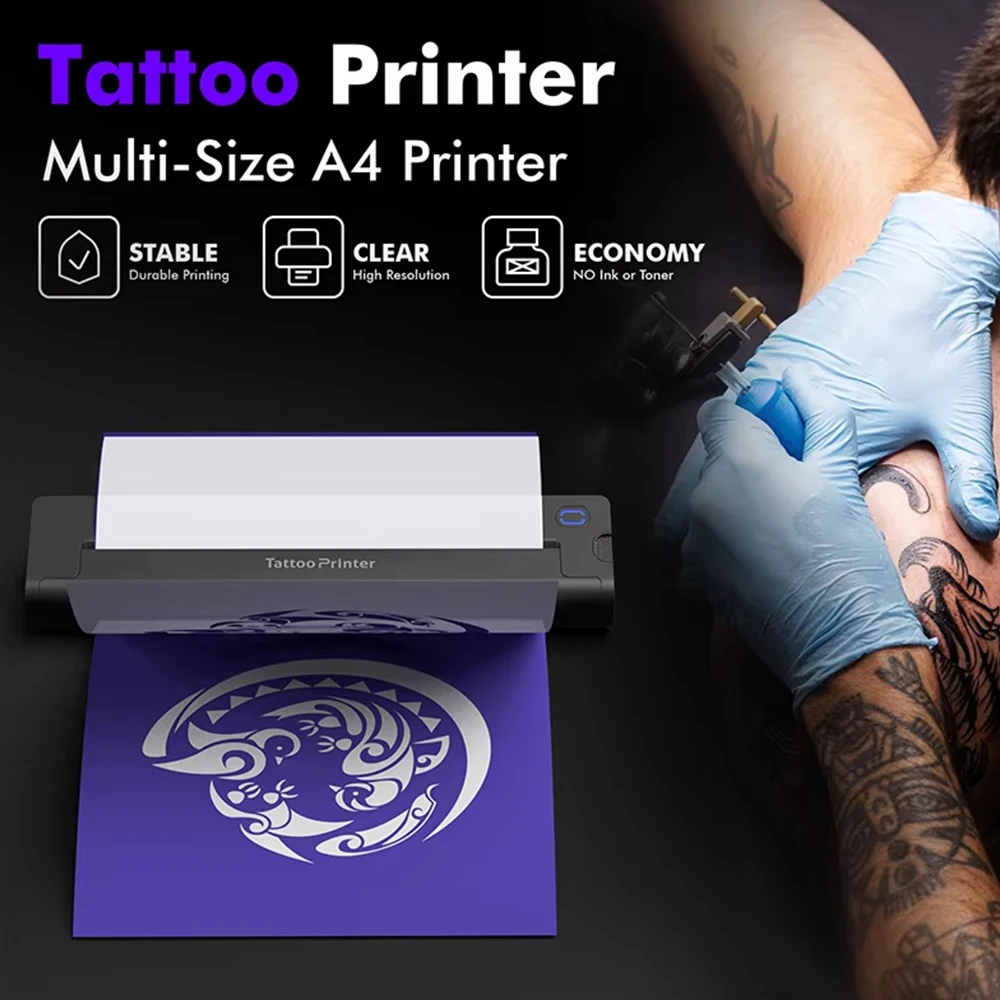 طابعة حرارية محمولة صغيرة مقاس A4، طابعة نقل وشم لاسلكية لطباعة الوشم بكلمة PDF عالية الدقة متوافقة مع الكمبيوتر والهاتف