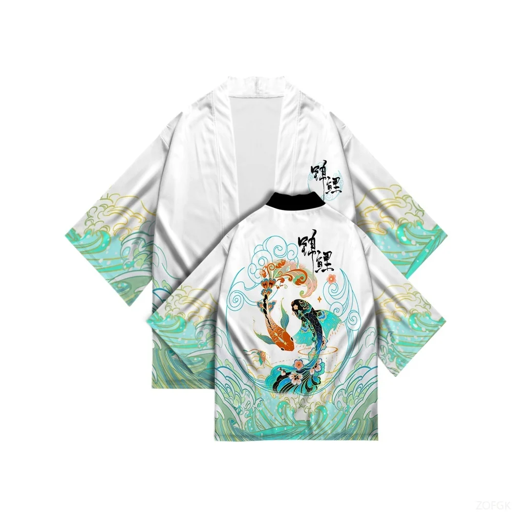 سترة صيفية على الطراز الياباني Ukiyo-e، عباءة كيمونو، سترة مطبوعة رقمية ثلاثية الأبعاد على الطراز الصيني منسوجة بالريش
