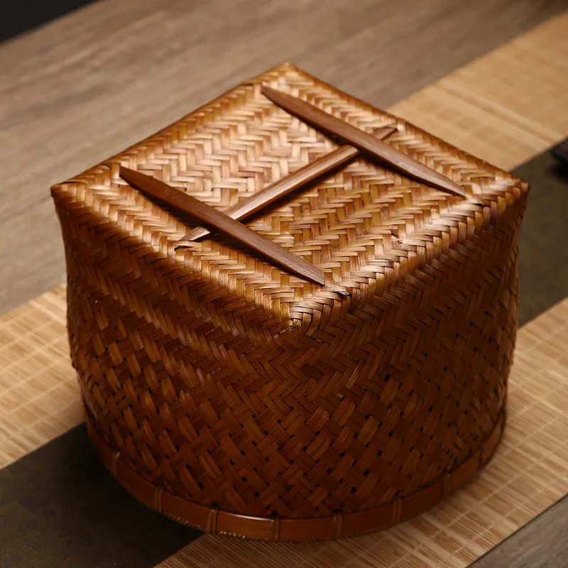 Cesta de almacenamiento de bambú redonda tejida a mano, contenedor de organización del hogar Vintage para mesa de centro, decoración de escritorio, caja de baratijas de ratán Natural