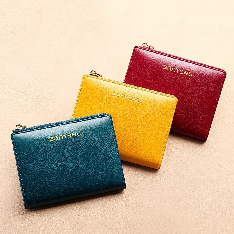 New Short Wallets for Women Genuine Leather Women's Purses Slim Zipper Coin Pocket Bifold RFID Card Holder Female Small Wallet