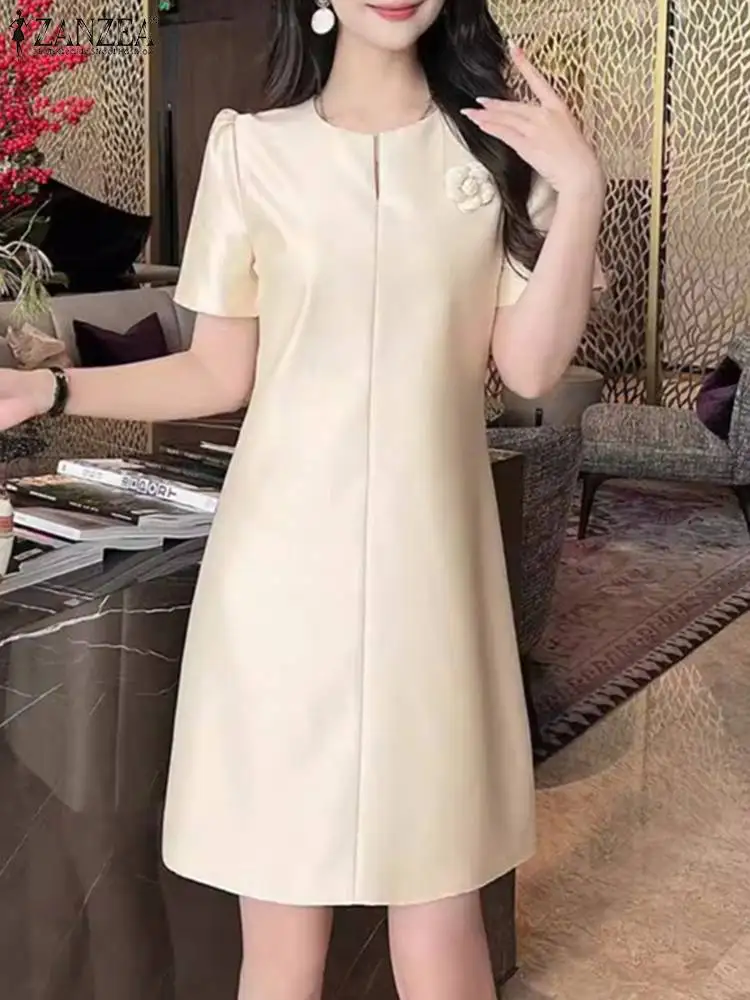 Summer Short Sleeve Solid Party Dress ZANZEA Elegant Women Sundress Robe Femme Fashin Casual Flower Work OL Knee-length Vestido