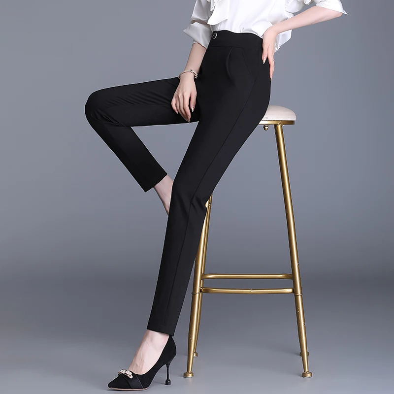 

Black Solid Color Harlan Trousers Women's Summer Thin Radish Cropped Pants High Waist Elastic Loose Casual Leg Work Pants S-4XL