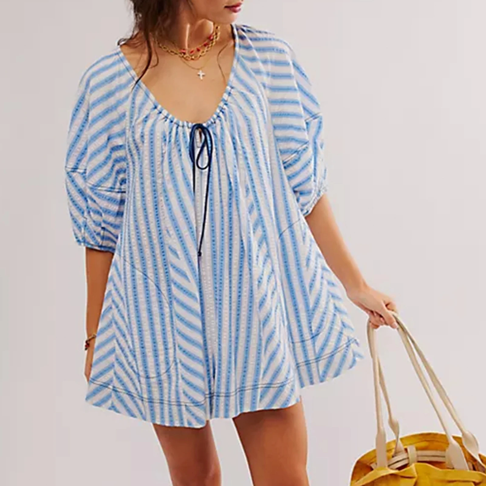 Women Billowy Romper Low Scoop Neckline Puffy Sleeves Short Jumpsuit Boho Tie Up Striped Playsuit 2024 New Female Bodysuits