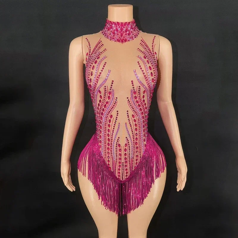 Body con flecos y diamantes de imitación para mujer, vestido Sexy de malla para fiesta de baile en barra, traje de Bar Ds Dj Gogo, ropa para discoteca, 8 colores