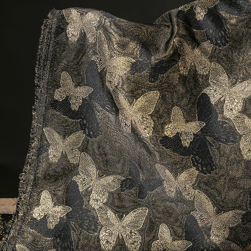 50cm Black Base Gold Thread Butterfly Jacquard Chinese Style Fabric Retro Gilded Cloth for Coat Dress Formal Garment DIY Sewing