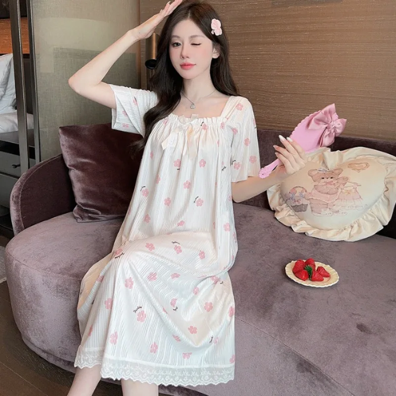 5XL Plus Size Women Nightgowns Summer Pajamas Korean Style Bubble Cotton Short Sleeve Sleep Dress Soft Comfotable Loungewear